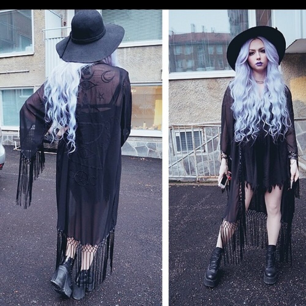 "🦋💋HOT ITEM! 💋🦋VTG 2013 UNIF Black "Wiccan" Embroidered Fringed Maxi Kimono - Picture 8 of 16